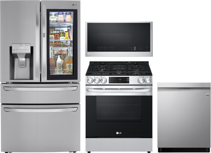 LG 4 Piece Kitchen Appliances Package with French Door Refrigerator, Gas Range, Dishwasher and Over the Range Microwave in Stainless Steel LGRERADWMW3