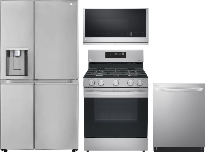 LG 4 Piece Kitchen Appliances Package with Side-by-Side Refrigerator, Gas Range, Dishwasher and Over the Range Microwave in Stainless Steel LGRERADWMW
