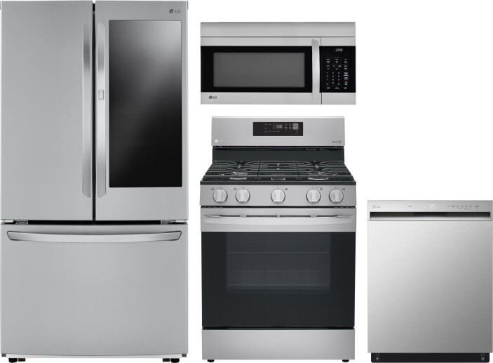 LG 4 Piece Kitchen Appliances Package with French Door Refrigerator, Gas Range, Dishwasher and Over the Range Microwave in Stainless Steel LGRERADWMW3
