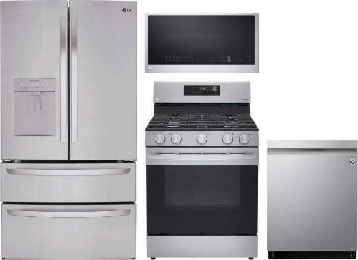 LG 4 Piece Kitchen Appliances Package with French Door Refrigerator, Gas Range, Dishwasher and Over the Range Microwave in Stainless Steel LGRERADWMW3