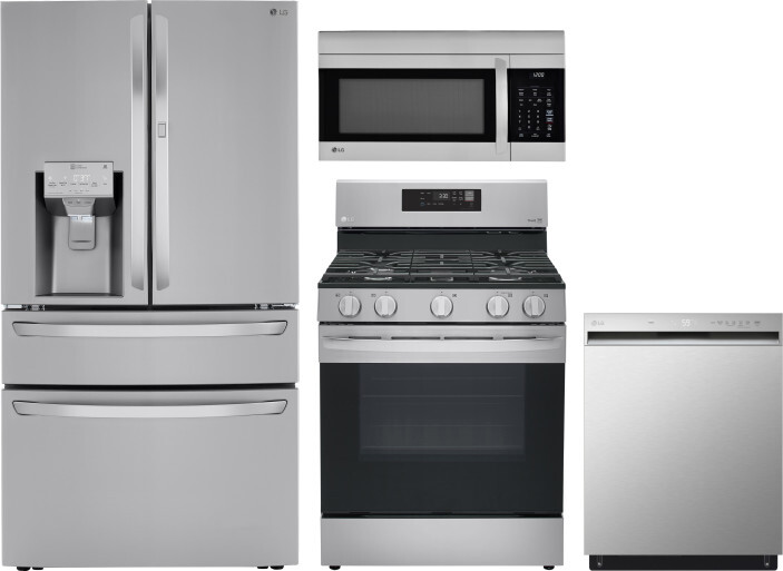 LG 4 Piece Kitchen Appliances Package with French Door Refrigerator, Gas Range, Dishwasher and Over the Range Microwave in Stainless Steel LGRERADWMW3