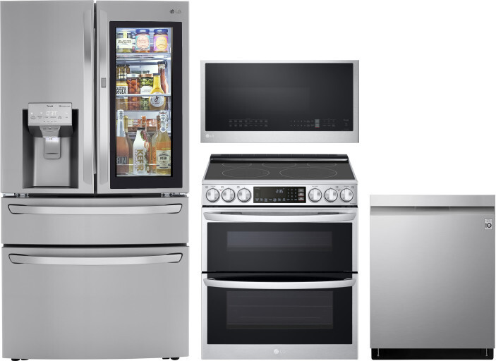 LG 4 Piece Kitchen Appliances Package with French Door Refrigerator, Electric Range, Dishwasher and Over the Range Microwave in Stainless Steel LGRERA