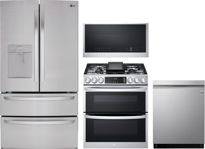 LG 4 Piece Kitchen Appliances Package with French Door Refrigerator, Gas Range, Dishwasher and Over the Range Microwave in Stainless Steel LGRERADWMW4