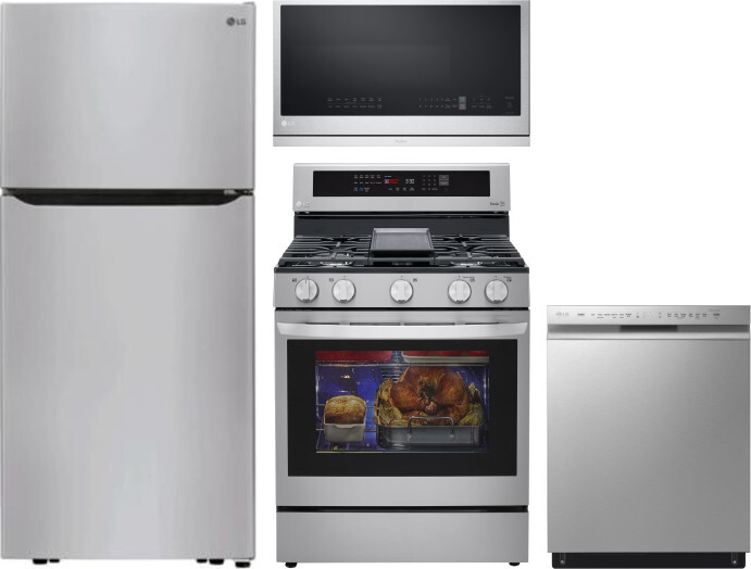 LG 4 Piece Kitchen Appliances Package with Top Freezer Refrigerator, Gas Range, Dishwasher and Over the Range Microwave in Stainless Steel LGRERADWMW4