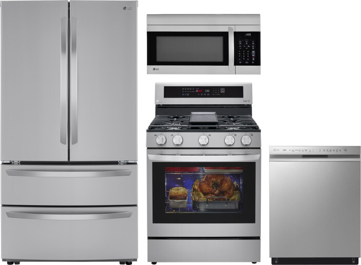 LG 4 Piece Kitchen Appliances Package with French Door Refrigerator, Gas Range, Dishwasher and Over the Range Microwave in Stainless Steel LGRERADWMW4