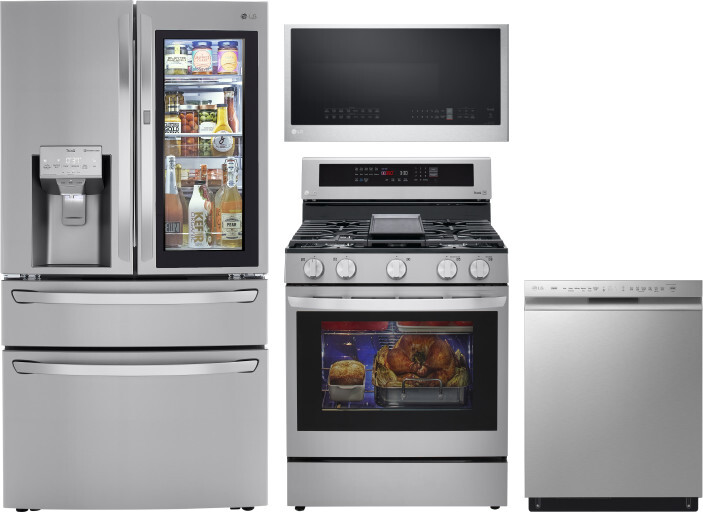 LG 4 Piece Kitchen Appliances Package with French Door Refrigerator, Gas Range, Dishwasher and Over the Range Microwave in Stainless Steel LGRERADWMW4