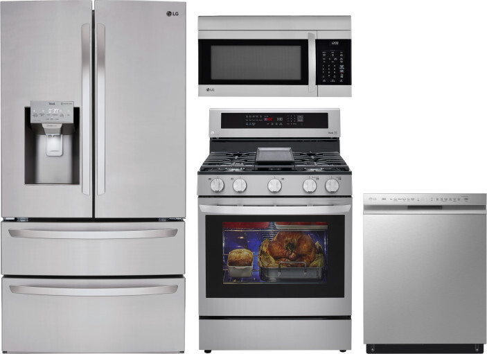 LG 4 Piece Kitchen Appliances Package with French Door Refrigerator, Gas Range, Dishwasher and Over the Range Microwave in Stainless Steel LGRERADWMW4