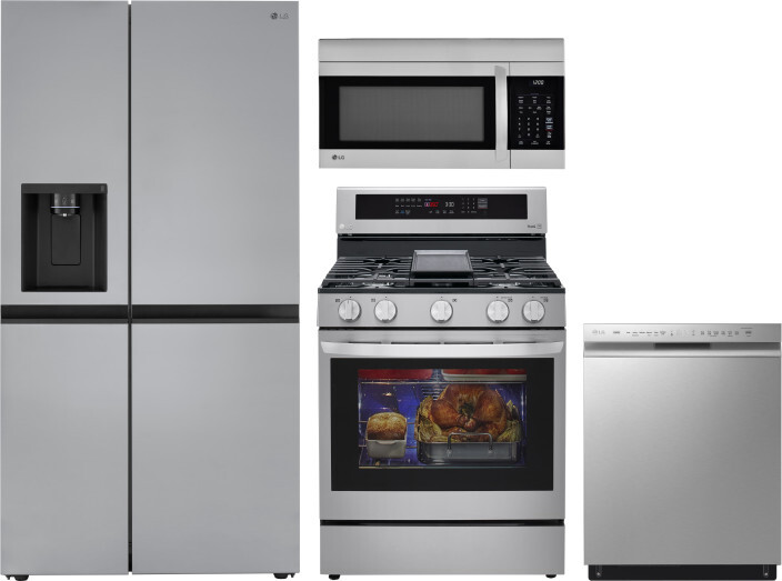 LG 4 Piece Kitchen Appliances Package with Side-by-Side Refrigerator, Gas Range, Dishwasher and Over the Range Microwave in Stainless Steel LGRERADWMW