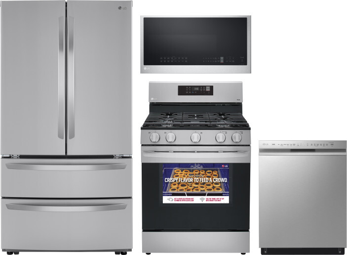 LG 4 Piece Kitchen Appliances Package with French Door Refrigerator, Gas Range, Dishwasher and Over the Range Microwave in Stainless Steel LGRERADWMW4