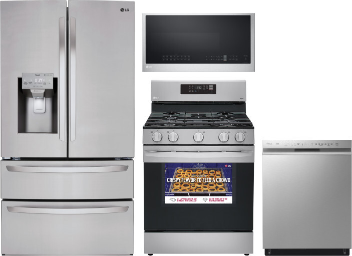 LG 4 Piece Kitchen Appliances Package with French Door Refrigerator, Gas Range, Dishwasher and Over the Range Microwave in Stainless Steel LGRERADWMW4