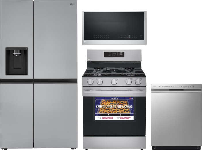 LG 4 Piece Kitchen Appliances Package with Side-by-Side Refrigerator, Gas Range, Dishwasher and Over the Range Microwave in Stainless Steel LGRERADWMW