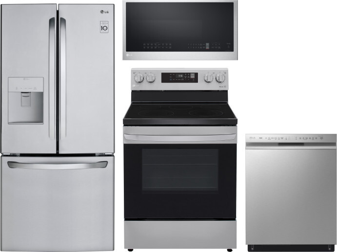 LG 4 Piece Kitchen Appliances Package with French Door Refrigerator, Electric Range, Dishwasher and Over the Range Microwave in Stainless Steel LGRERA