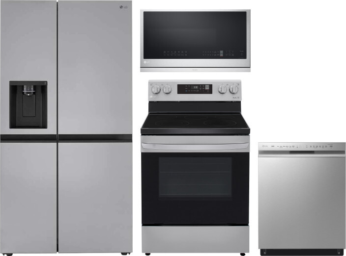 LG 4 Piece Kitchen Appliances Package with Side-by-Side Refrigerator, Electric Range, Dishwasher and Over the Range Microwave in Stainless Steel LGRER