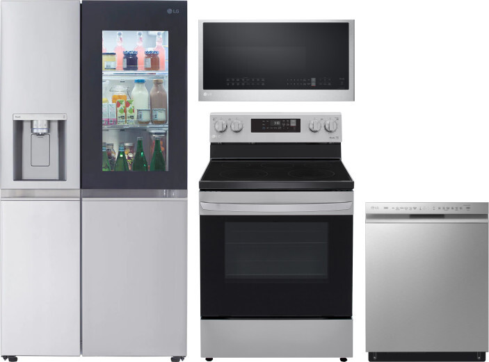 LG 4 Piece Kitchen Appliances Package with Side-by-Side Refrigerator, Electric Range, Dishwasher and Over the Range Microwave in Stainless Steel LGRER