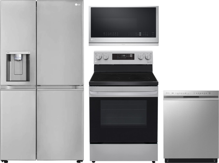 LG 4 Piece Kitchen Appliances Package with Side-by-Side Refrigerator, Electric Range, Dishwasher and Over the Range Microwave in Stainless Steel LGRER