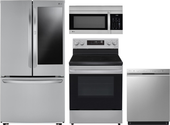 LG 4 Piece Kitchen Appliances Package with French Door Refrigerator, Electric Range, Dishwasher and Over the Range Microwave in Stainless Steel LGRERA