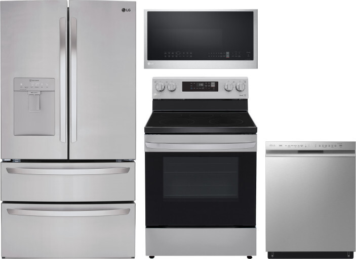 LG 4 Piece Kitchen Appliances Package with French Door Refrigerator, Electric Range, Dishwasher and Over the Range Microwave in Stainless Steel LGRERA