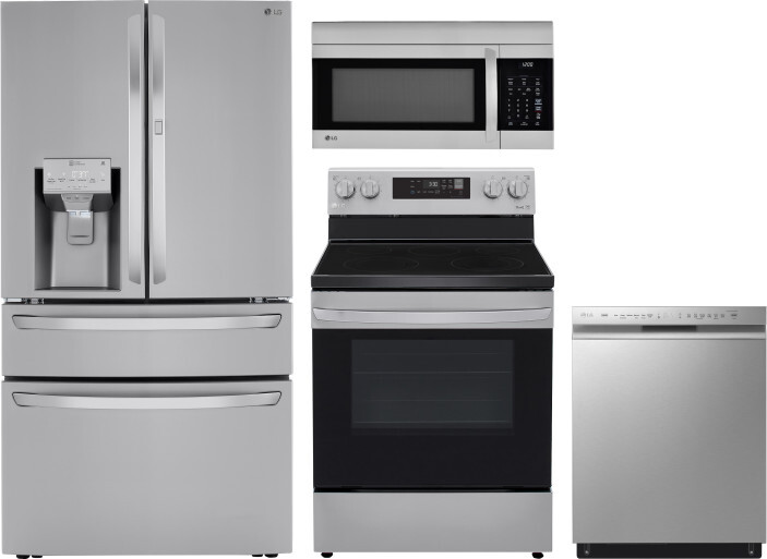 LG 4 Piece Kitchen Appliances Package with French Door Refrigerator, Electric Range, Dishwasher and Over the Range Microwave in Stainless Steel LGRERA