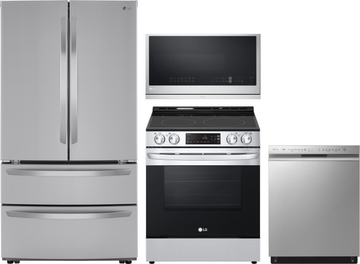 LG 4 Piece Kitchen Appliances Package with French Door Refrigerator, Electric Range, Dishwasher and Over the Range Microwave in Stainless Steel LGRERA