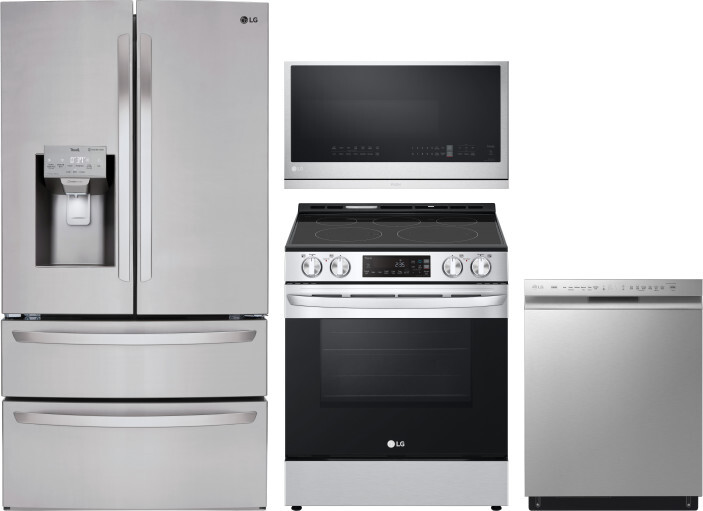 LG 4 Piece Kitchen Appliances Package with French Door Refrigerator, Electric Range, Dishwasher and Over the Range Microwave in Stainless Steel LGRERA