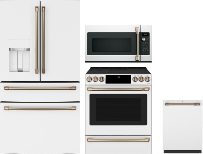 Cafe 4 Piece Kitchen Appliances Package with French Door Refrigerator, Electric Range, Dishwasher and Over the Range Microwave in Matte White CAFRERAD