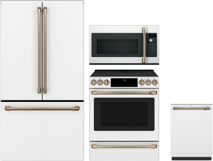 Cafe 4 Piece Kitchen Appliances Package with French Door Refrigerator, Electric Range, Dishwasher and Over the Range Microwave in Matte White CAFRERAD