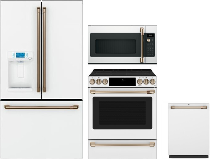 Cafe 4 Piece Kitchen Appliances Package with French Door Refrigerator, Electric Range, Dishwasher and Over the Range Microwave in Matte White CAFRERAD
