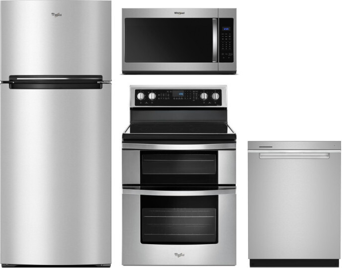 Whirlpool 4 Piece Kitchen Appliances Package with Top Freezer Refrigerator, Electric Range, Dishwasher and Over the Range Microwave in Stainless Steel