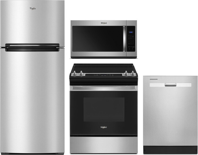 Whirlpool 4 Piece Kitchen Appliances Package with Top Freezer Refrigerator, Electric Range, Dishwasher and Over the Range Microwave in Stainless Steel