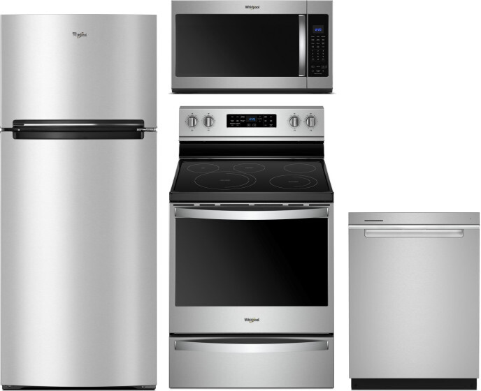 Whirlpool 4 Piece Kitchen Appliances Package with Top Freezer Refrigerator, Electric Range, Dishwasher and Over the Range Microwave in Stainless Steel