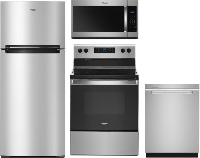 Whirlpool 4 Piece Kitchen Appliances Package with Top Freezer Refrigerator, Electric Range, Dishwasher and Over the Range Microwave in Stainless Steel