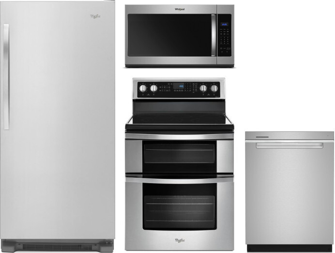 Whirlpool 4 Piece Kitchen Appliances Package with Column Refrigerator, Electric Range, Dishwasher and Over the Range Microwave in Stainless Steel WPRE