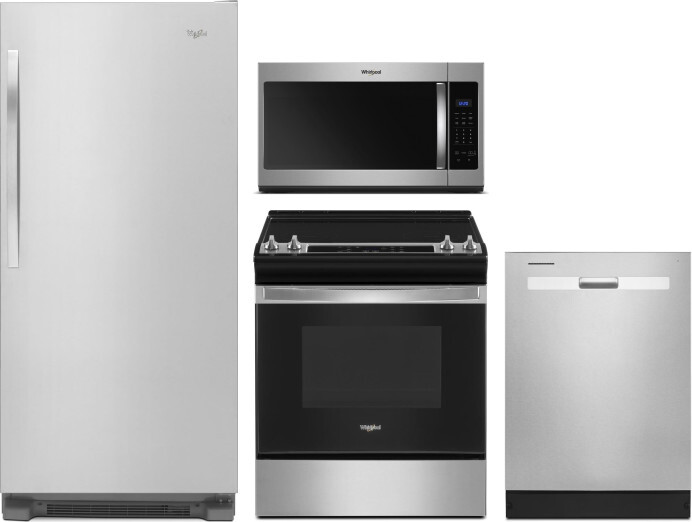 Whirlpool 4 Piece Kitchen Appliances Package with Column Refrigerator, Electric Range, Dishwasher and Over the Range Microwave in Stainless Steel WPRE