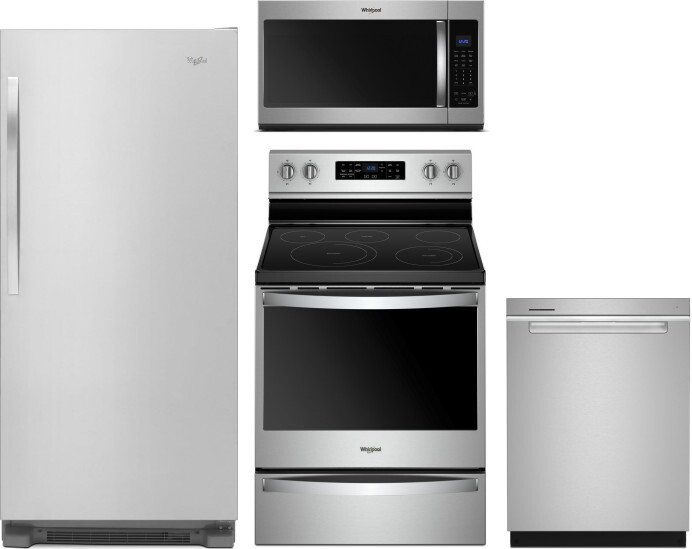 Whirlpool 4 Piece Kitchen Appliances Package with Column Refrigerator, Electric Range, Dishwasher and Over the Range Microwave in Stainless Steel WPRE