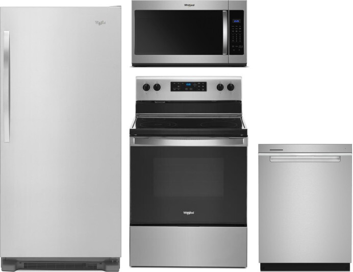 Whirlpool 4 Piece Kitchen Appliances Package with Column Refrigerator, Electric Range, Dishwasher and Over the Range Microwave in Stainless Steel WPRE