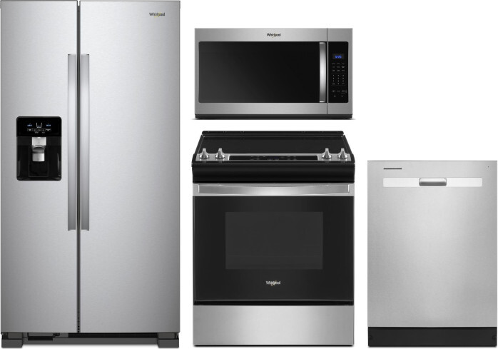 Whirlpool 4 Piece Kitchen Appliances Package with Side-by-Side Refrigerator, Electric Range, Dishwasher and Over the Range Microwave in Stainless Stee