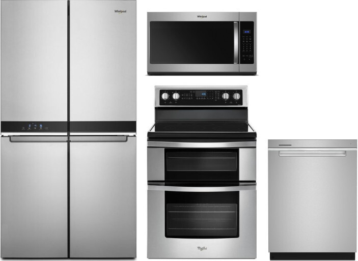 Whirlpool 4 Piece Kitchen Appliances Package with French Door Refrigerator, Electric Range, Dishwasher and Over the Range Microwave in Stainless Steel