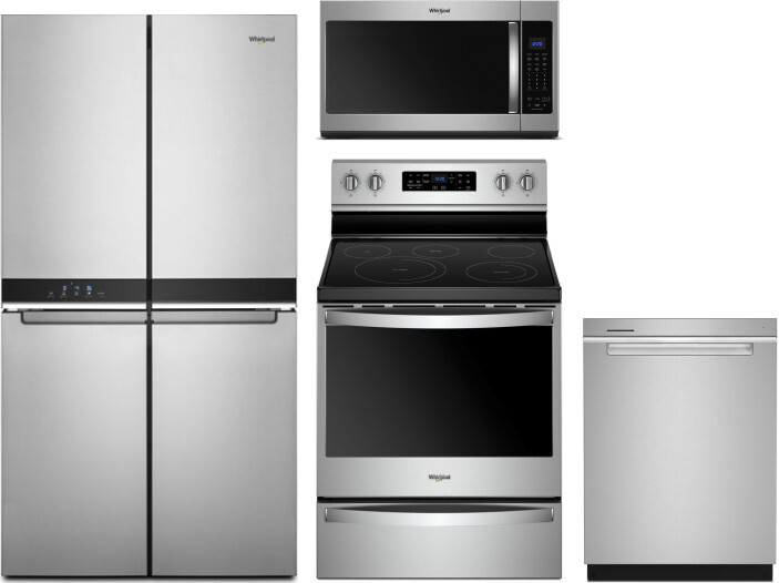 Whirlpool 4 Piece Kitchen Appliances Package with French Door Refrigerator, Electric Range, Dishwasher and Over the Range Microwave in Stainless Steel