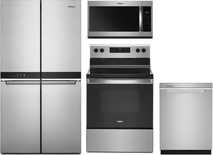 Whirlpool 4 Piece Kitchen Appliances Package with French Door Refrigerator, Electric Range, Dishwasher and Over the Range Microwave in Stainless Steel