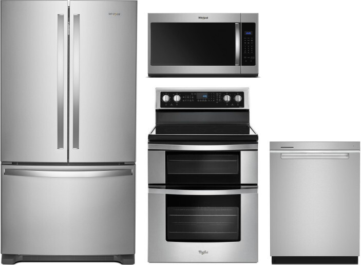 Whirlpool 4 Piece Kitchen Appliances Package with French Door Refrigerator, Electric Range, Dishwasher and Over the Range Microwave in Stainless Steel