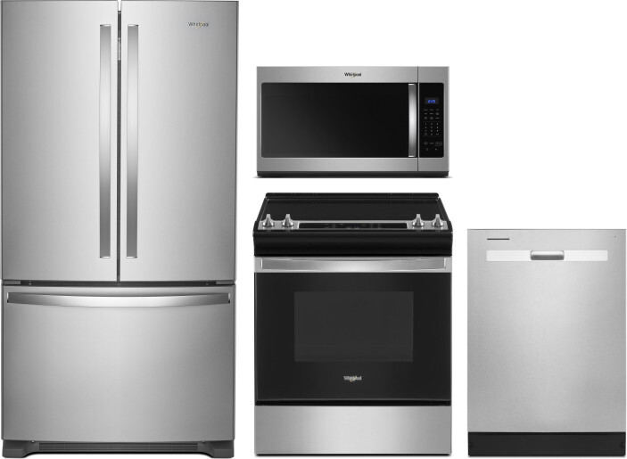 Whirlpool 4 Piece Kitchen Appliances Package with French Door Refrigerator, Electric Range, Dishwasher and Over the Range Microwave in Stainless Steel