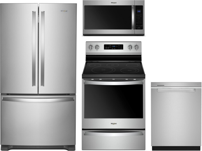 Whirlpool 4 Piece Kitchen Appliances Package with French Door Refrigerator, Electric Range, Dishwasher and Over the Range Microwave in Stainless Steel