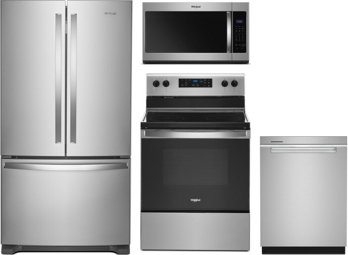 Whirlpool 4 Piece Kitchen Appliances Package with French Door Refrigerator, Electric Range, Dishwasher and Over the Range Microwave in Stainless Steel