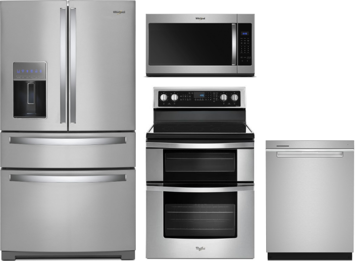 Whirlpool 4 Piece Kitchen Appliances Package with French Door Refrigerator, Electric Range, Dishwasher and Over the Range Microwave in Stainless Steel