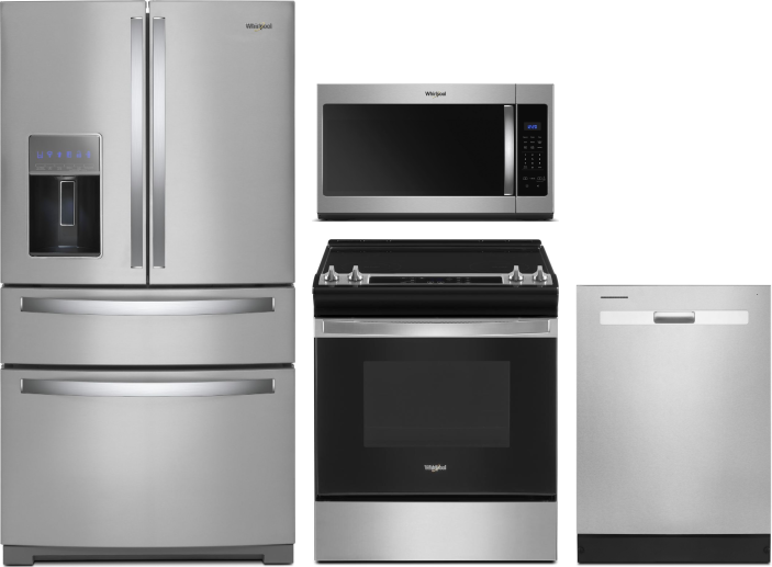 Whirlpool 4 Piece Kitchen Appliances Package with French Door Refrigerator, Electric Range, Dishwasher and Over the Range Microwave in Stainless Steel