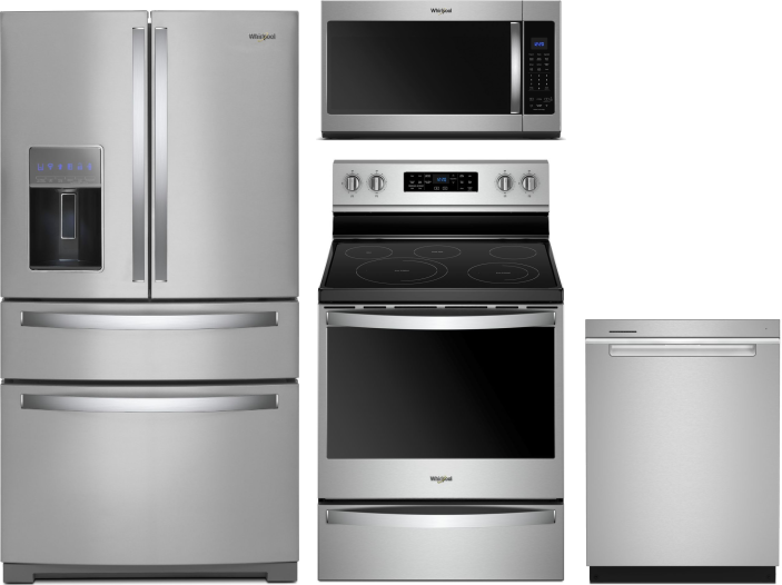 Whirlpool 4 Piece Kitchen Appliances Package with French Door Refrigerator, Electric Range, Dishwasher and Over the Range Microwave in Stainless Steel