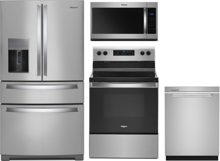Whirlpool 4 Piece Kitchen Appliances Package with French Door Refrigerator, Electric Range, Dishwasher and Over the Range Microwave in Stainless Steel