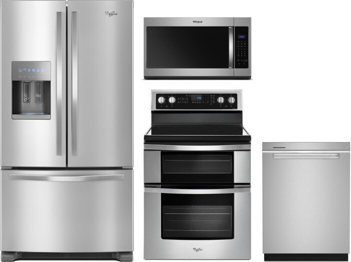Whirlpool 4 Piece Kitchen Appliances Package with French Door Refrigerator, Electric Range, Dishwasher and Over the Range Microwave in Stainless Steel