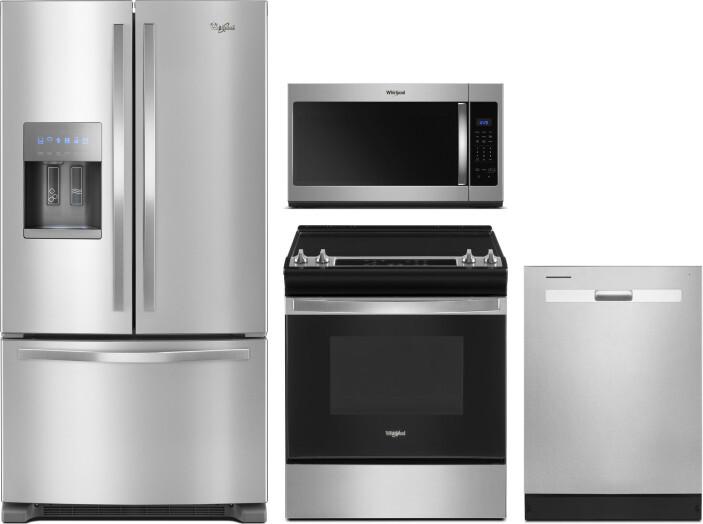 Whirlpool 4 Piece Kitchen Appliances Package with French Door Refrigerator, Electric Range, Dishwasher and Over the Range Microwave in Stainless Steel