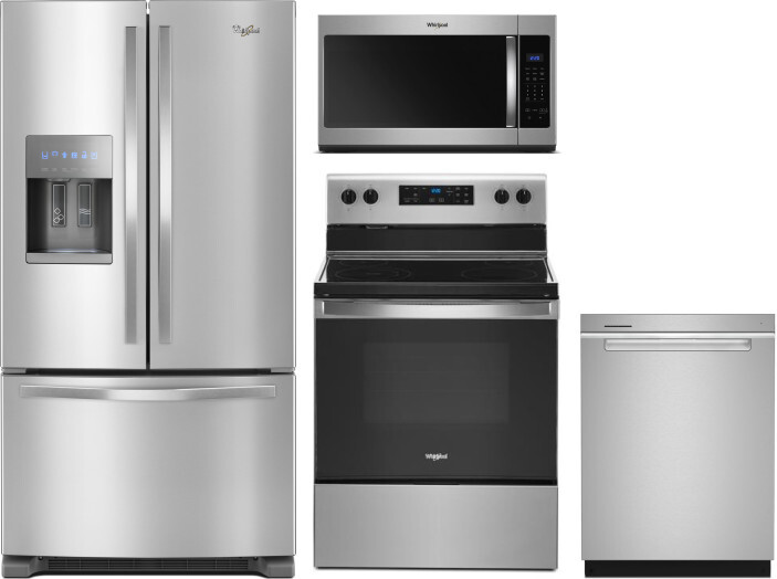 Whirlpool 4 Piece Kitchen Appliances Package with French Door Refrigerator, Electric Range, Dishwasher and Over the Range Microwave in Stainless Steel